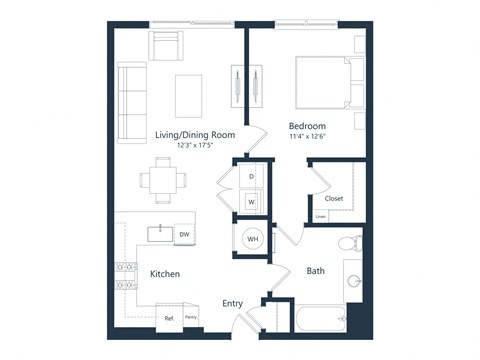 Floor plan for 1 bed, 1 bath, 741 sqft